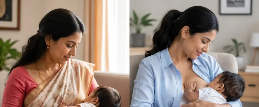 Indian mother breastfeeding with lactation consultant support